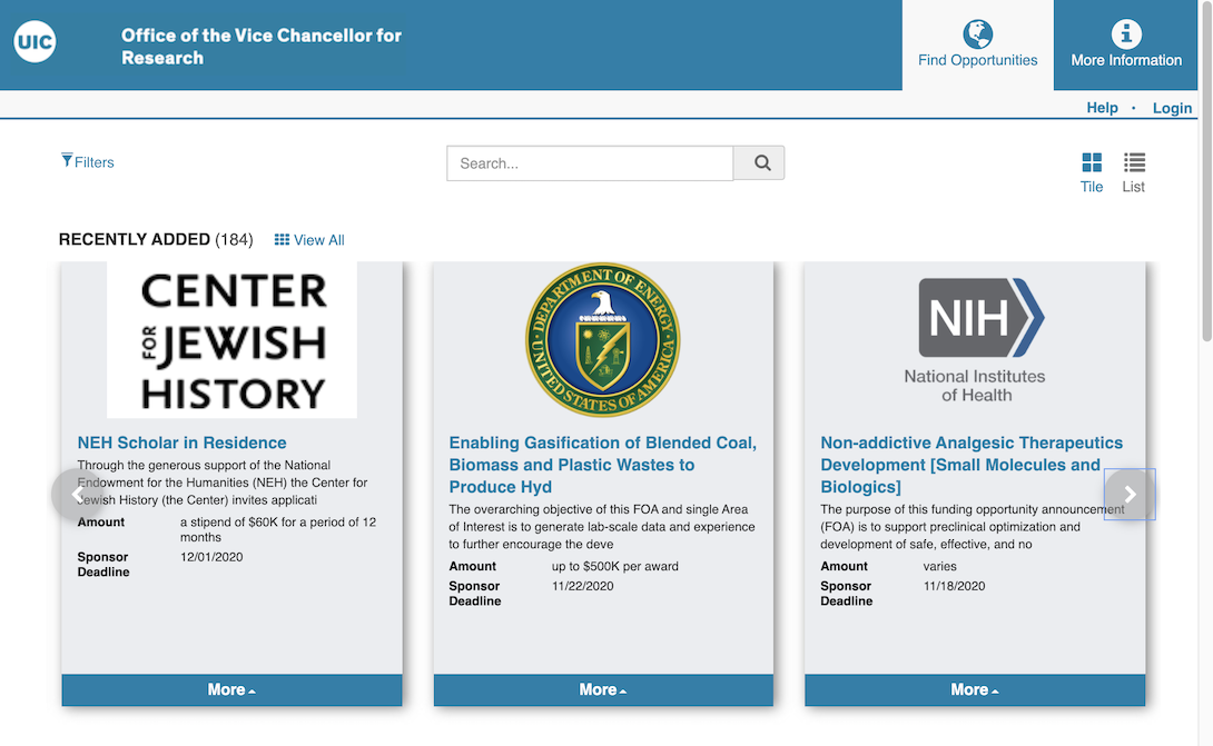 OVCR Funding Portal showing several tiles, each describing a single funding opportunity.