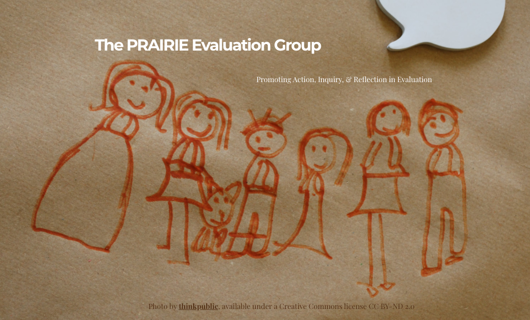 PRAIRE Group homepage showing a child's drawing of people in red crayon on brown paper.