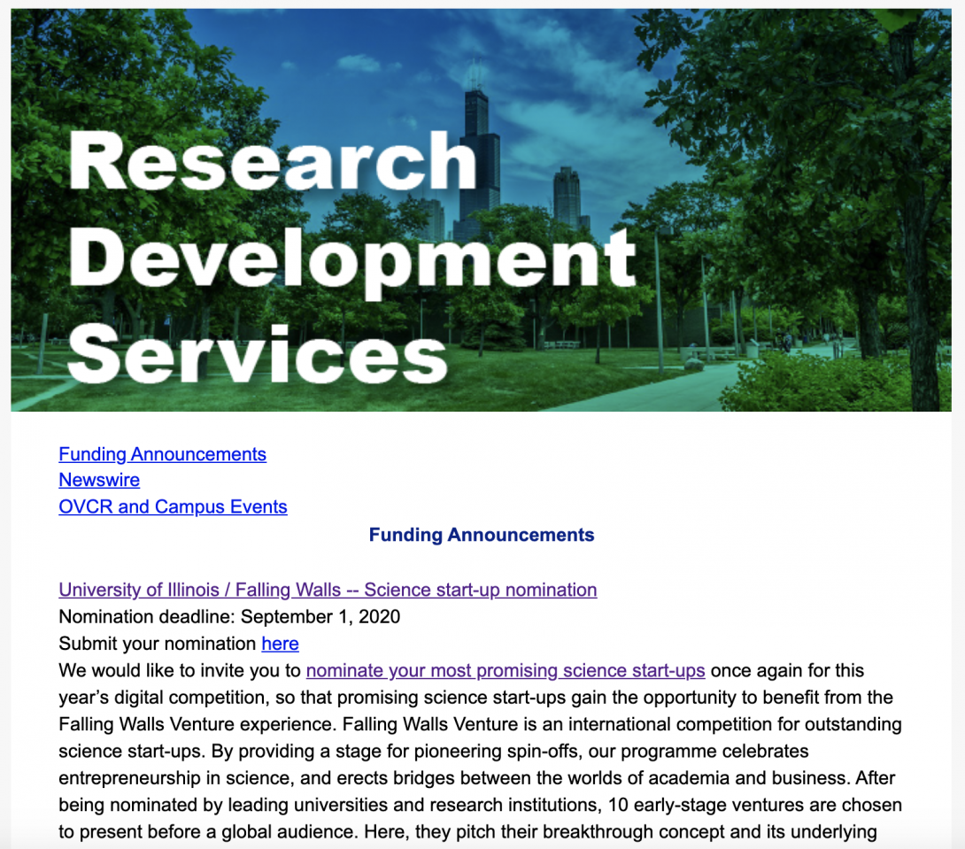 Example of Research Development Newsletter showing categories, Funding Announcements, Newswire, and OVCR and Campus Events.