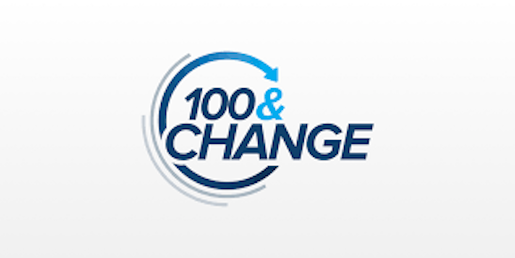 100&Change logo showing the competition name in blue letters with a swirling arrow behind it