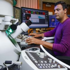 headshot of Dr. Reza Shahbazian-Yassar at a microscope