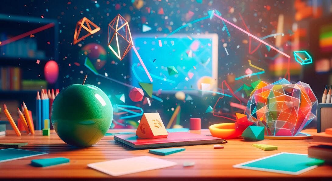 colorful pencils, papers, and paper weights on a desk with colorful geometric figures swirling above