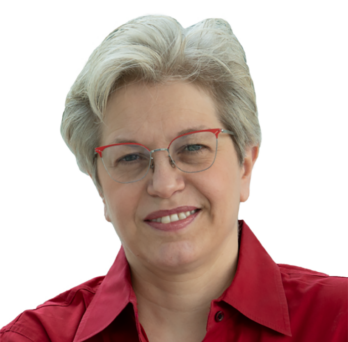 A woman with gray hair, glasses, and a red collared shirt. 