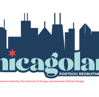 A logo for the Chicagoloand Postdoc Recruitment Initiative that shows blue letters against a dark blue Chicago skyline.
                  