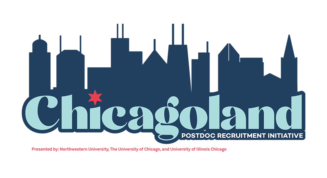 A logo for the Chicagoloand Postdoc Recruitment Initiative that shows blue letters against a dark blue Chicago skyline.