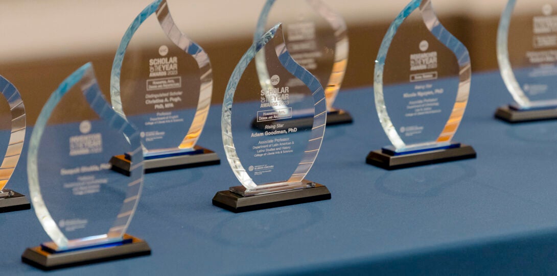 Trophies placed on table