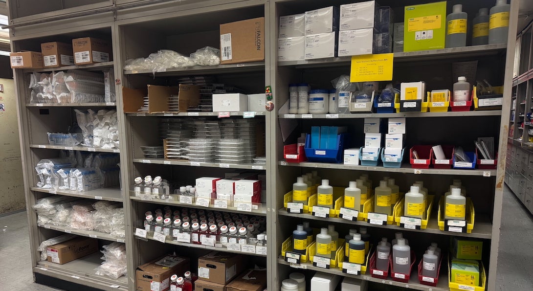 Shelves holding scientific equipment