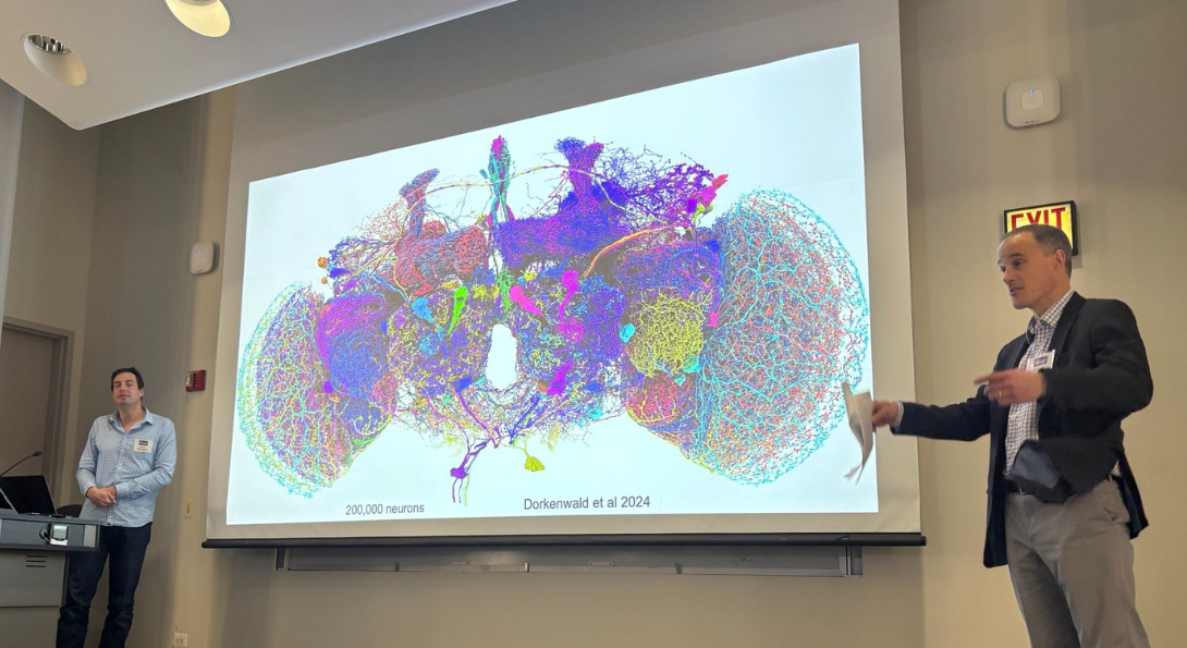 Two men stand in front of colorful circuit diagram of a brain.