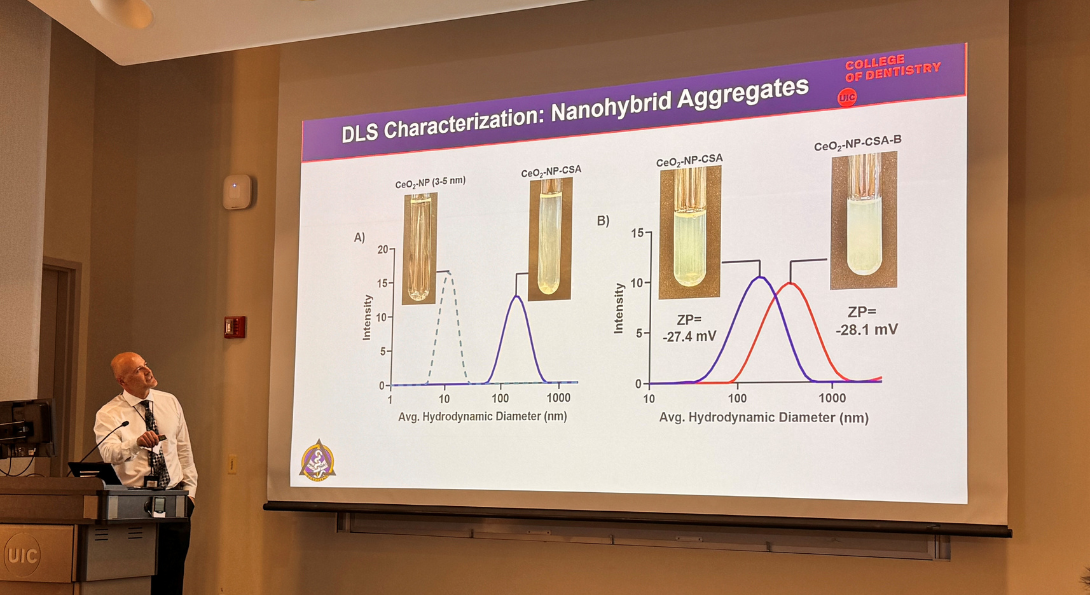 A man presents charts on nanohybrid aggregate effectiveness.